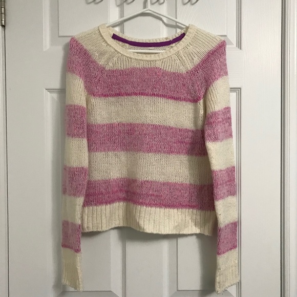 Y2K Aeropostale Stripes Crew Neck Sweater Long Sleeve M Pink White Cream - Picture 1 of 3
